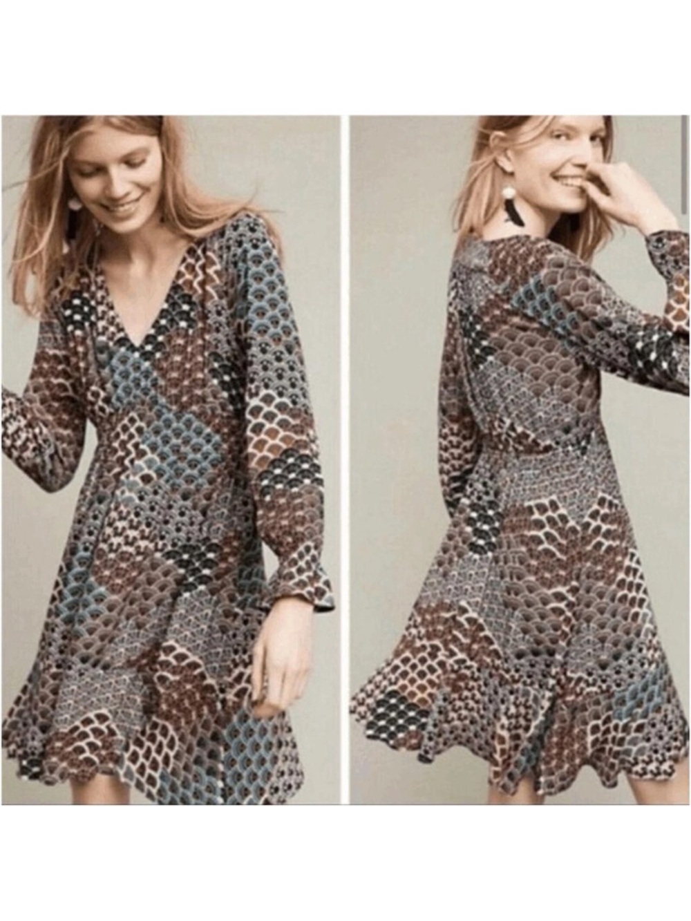 Anthropologie Maeve Peacock V-Neck Long Sleeve Printed Mini Dress XS Petite
